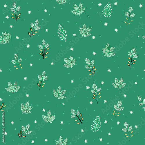 Delicate botanical pattern features hand-drawn leaves and sprigs scattered across a soothing green background, perfect for fabric or paper design.