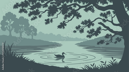 Tranquil riverside forest illustration with duck on calm water ripples