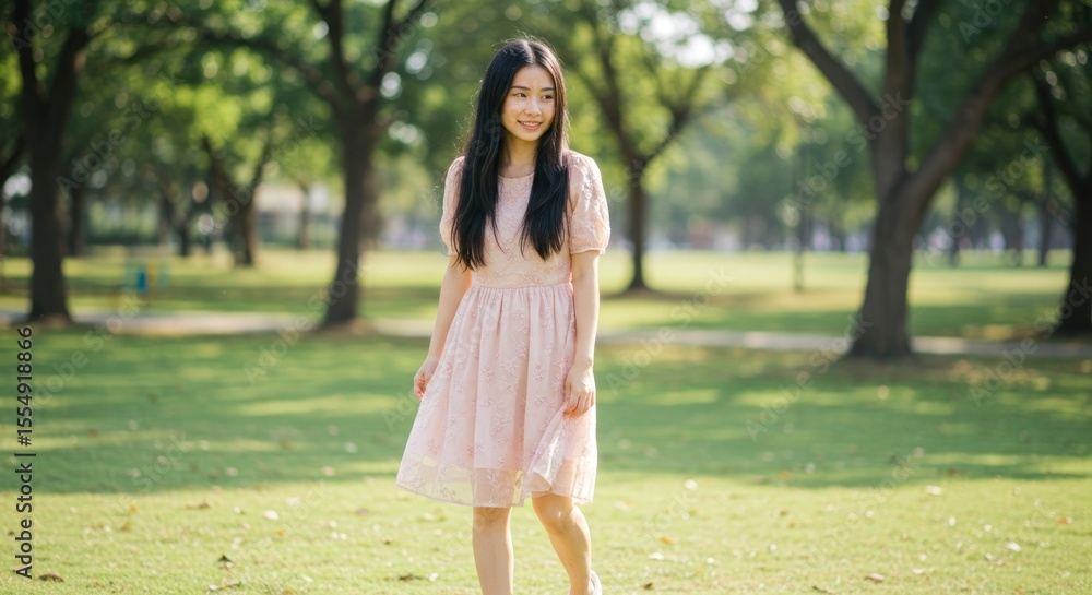 Woman in a light pink dress in a park Woman in a light pink dress in a park