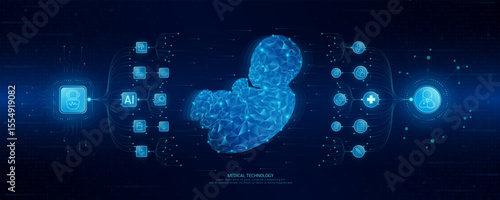 Doctor and robot icons in circuit board chip. Medical technology network connection and artificial intelligence (AI) against polygon human fetus. Digital health care smart. Banner vector.