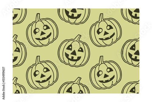 Halloween Jack O Lanterns Pattern on a Light Green Background with Outlined Pumpkins