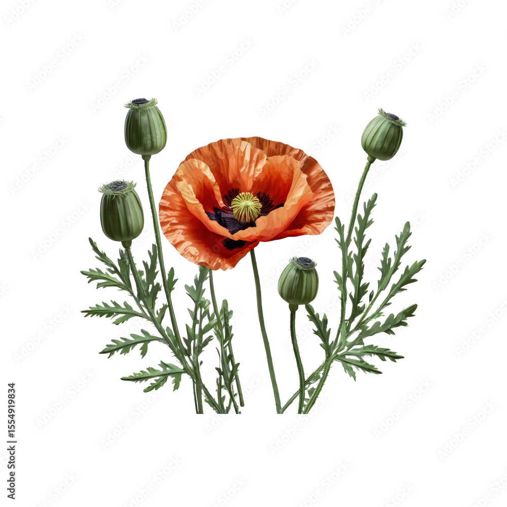 Obraz premium Vivid Orange Poppy Flower with Buds, Botanical Illustration