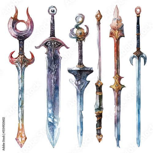 Fantasy Weapons, watercolor clipart vector, isolated on a white background.