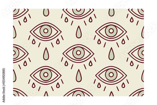 Repeating eye with tears rain drops in burgundy light green on a beige background