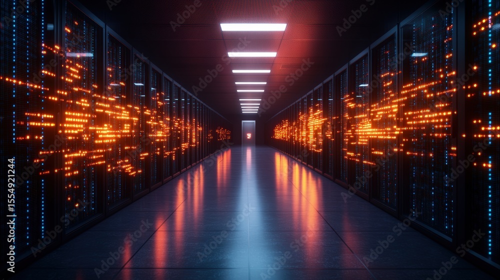 Fototapeta premium Futuristic data center corridor with illuminated server racks and glowing digital information displays