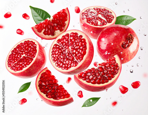Levitating Pomegranate Halves and Arils with Water Droplets.