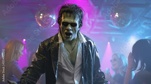 Frankenstein's monster dances in a colorful club 