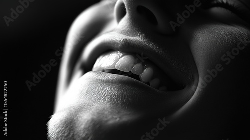 Close-up black and white photo of a smiling person's mouth and chin, highlighting teeth and skin texture with dramatic lighting.