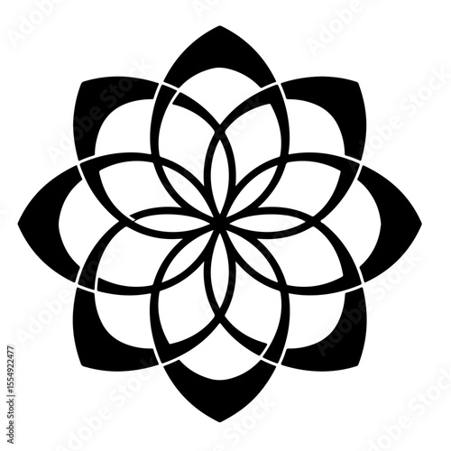 Geometric floral mandala in black and white, vector design.