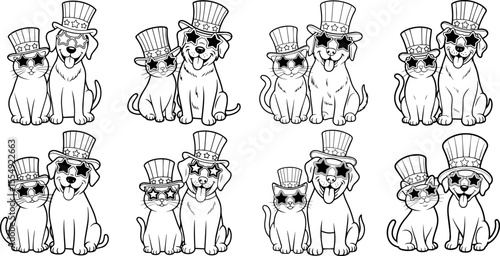 Set of patriotic dog and cat wearing star glasses and top hats line art vector illustration