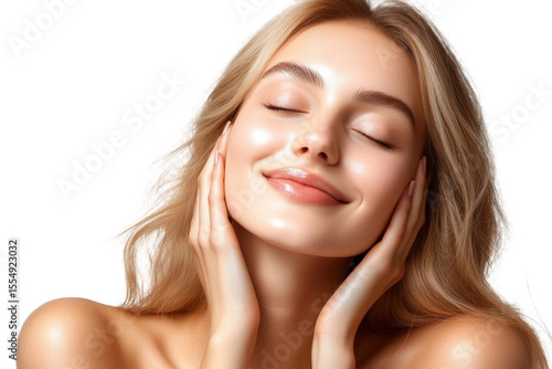 Young Woman with Radiant Skin and Natural Beauty Smiling While Touching Her Face in a Studio Setting with Soft Lighting and Glossy Finish