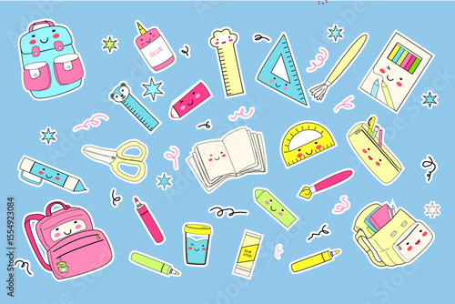 Colorful school supplies illustration - stickers with backpacks and cute stationery on blue background.