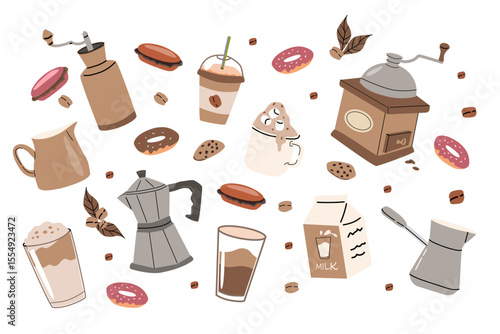 Coffee lovers delight: vintage coffee grinders and sweet treats for cozy mornings or cafe decor.