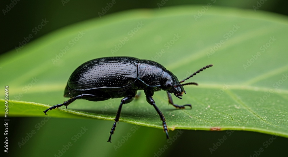 Fototapeta premium Black beetle crawling on green leaf in natural habitat 