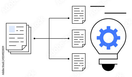 Stack of documents connecting through flowchart to a cog inside a lightbulb, symbolizing idea, automation, process optimization, efficiency, data analysis, innovation, and knowledge. Ideal