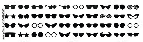 Vector set of sunglasses and eyeglasses icons. Includes silhouette illustrations of eyewear such as retro spectacles, geek glasses, and modern fashion frames. Isolated on white background.