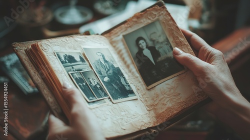 Hands holding an old photo album displaying vintage black-and-white family portraits.