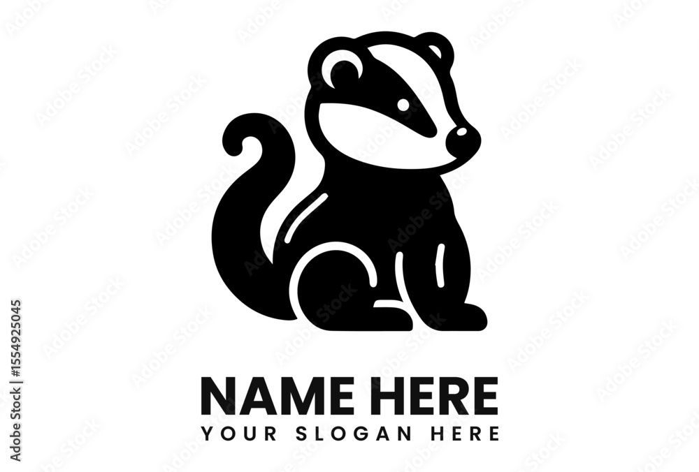 Obraz premium Cute cartoon badger logo design, black silhouette, sitting, simple, placeholder text.