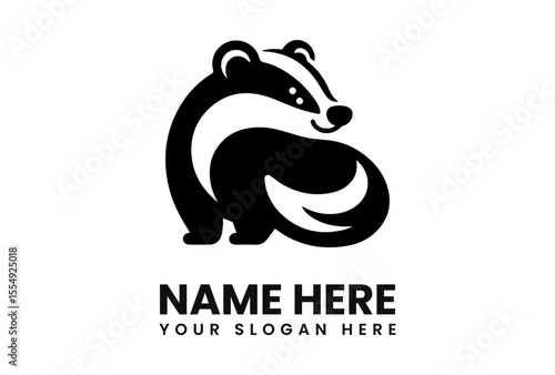 A stylized badger logo design, black and white, simple, cute, placeholder text.