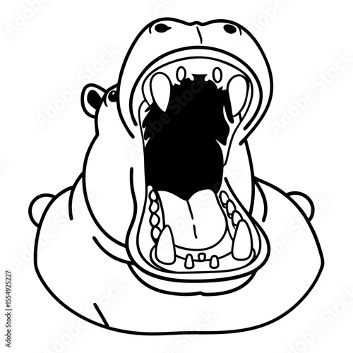 Cartoon hippo yawning wide open showing teeth and tongue silhouette