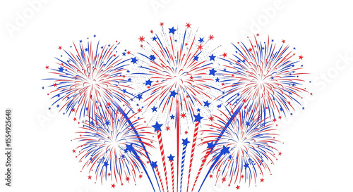 Vibrant set of red and blue fireworks with star and spark designs, celebrating U.S. Independence Day. Perfect for patriotic themes, July 4th designs, or festive American holiday projects.
