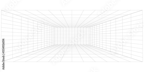 Futuristic perspective grid box. Abstract wireframe with white grid line on black background. Virtual reality landscape in 80s 90s digital style. Vector illustration.