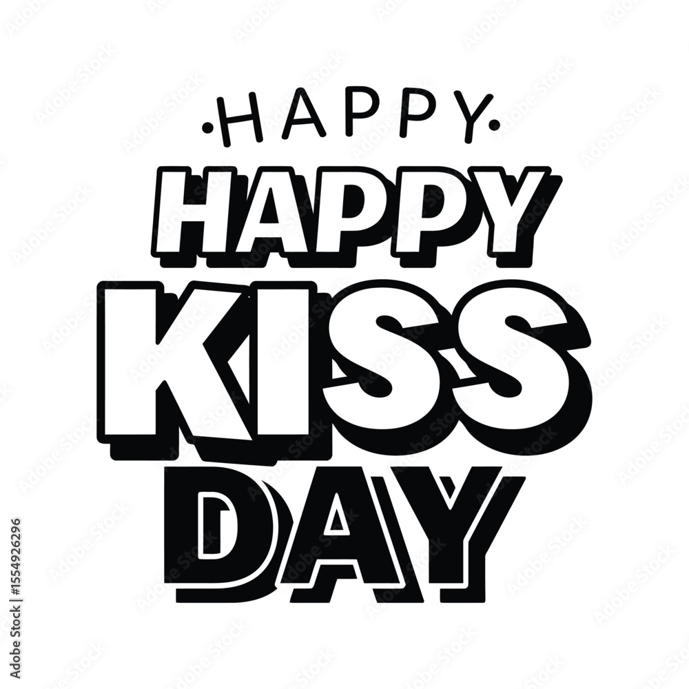 Fototapeta premium Happy Kiss Day Bold Text Design Black and White Illustration Romantic Greeting