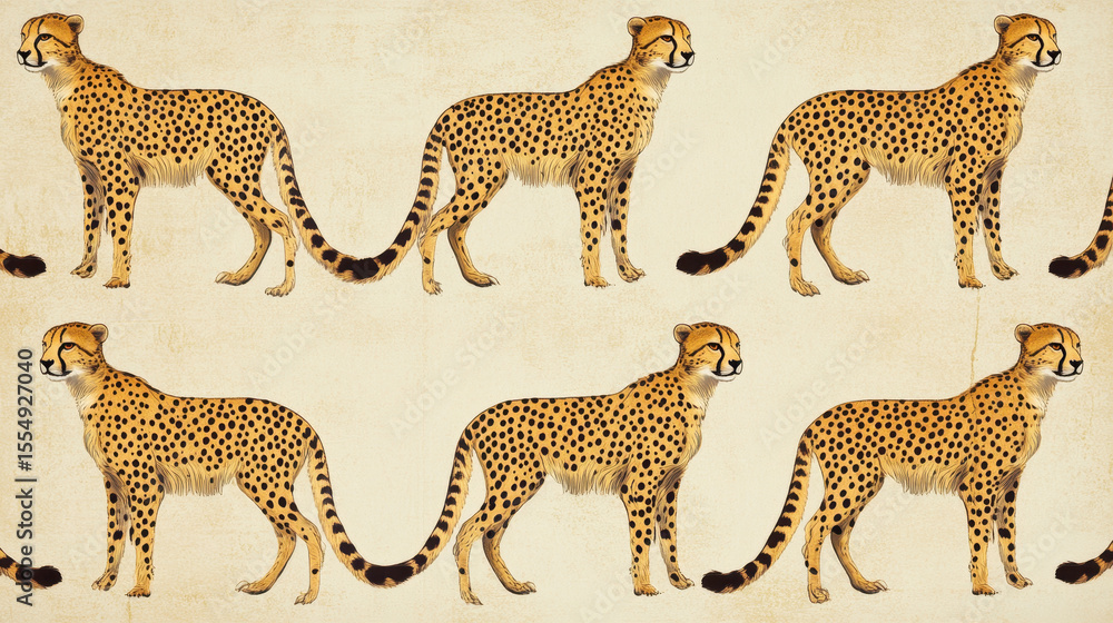 Obraz premium Illustration of six cheetahs in a line with detailed spots and realistic anatomy on plain background