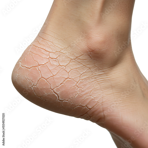 Close-up of cracked heel on white background with dry skin texture