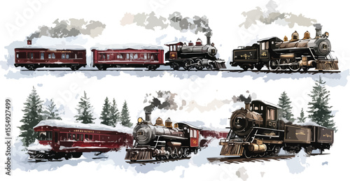 Vintage steam locomotive on a snow-covered railway track in winter