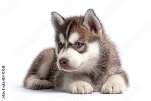 Husky puppy resting on white background
