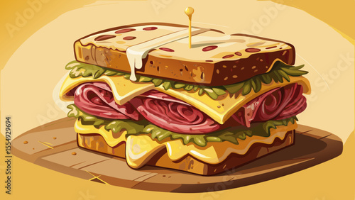 Thinly sliced corned beef, Swiss cheese, sauerkraut, and Russian dressing are grilled inside rye bread until crispy. The edges are browned and slightly oily. Melty cheese peeks out from the layers. 