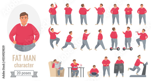 Fat man poses vector illustration set. Cartoon body positive male character wearing red sweater and gray pants, showing different postures action poses in front, side or back view isolated on white