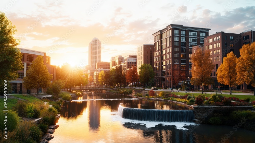 Fototapeta premium Vibrant cityscape du golden sunset with modern buildings trees and flowing water in the park