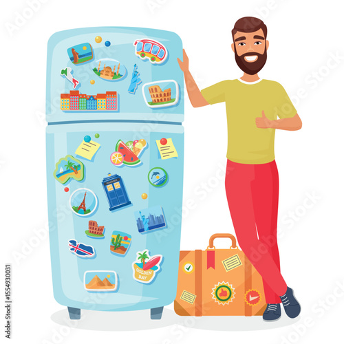 Smiling bearded man standing by refrigerator decorated with colorful travel magnets and notes, suitcase nearby, perfect for travel, tourism, and home decor concepts isolated on white background