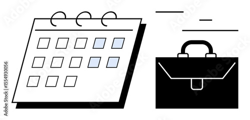 Calendar with highlighted dates beside a briefcase, symbolizing organization, productivity, time management. Ideal for business, deadlines, work-life balance, task tracking, career planning