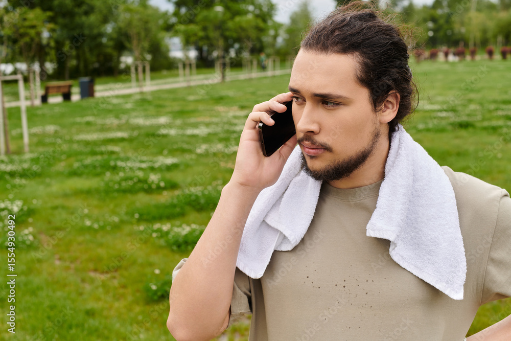 Young sporty man engages in outdoor workout while staying connected through phone Young sporty man engages in outdoor workout while staying connected through phone