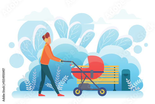 Single father with pram flat vector illustration. Young adult man, parent with baby carriage, male babysitter character. Fatherhood activity, babysitting, childcare. Outdoor stroll in winter cold park