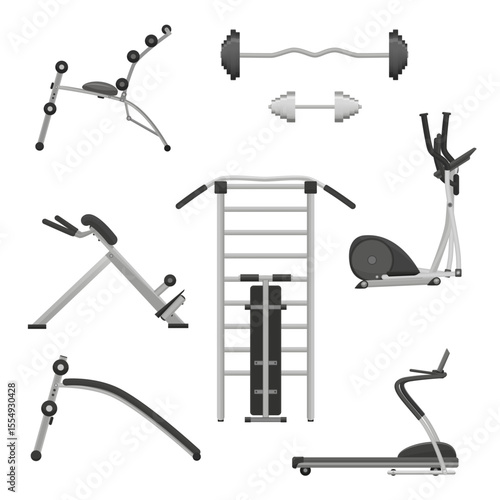 Essential gym equipment including treadmill, elliptical, weights, and benches for fitness, workout, and home exercise design concepts isolated on white background vector illustration