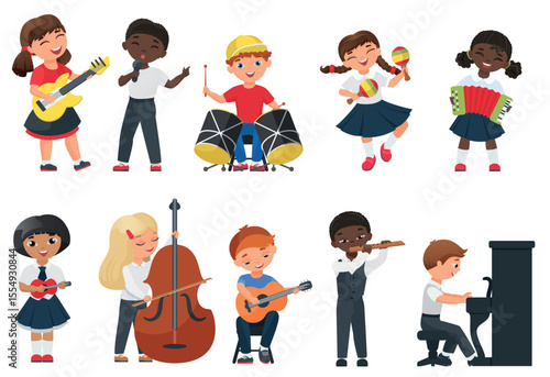 Children play music vector illustration. Cartoon flat cute kid musician character collection with funny child singing and playing musical instruments guitar cello piano drum flute isolated on white