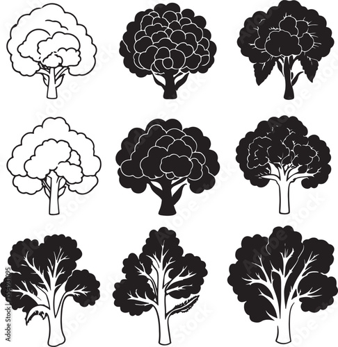 Set of cauliflower silhouettes in a clean and simple black vector illustration