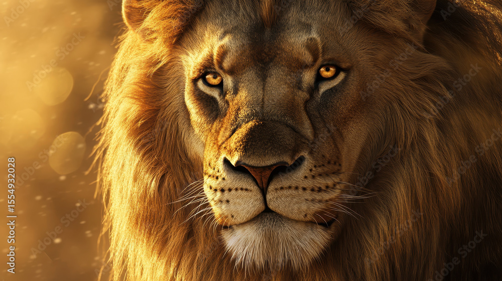Fototapeta premium Majestic lion with golden mane and intense stare in a dramatic sunset environment showcasing wildlife