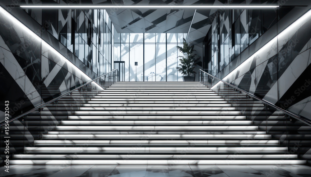 Modern building interior with illuminated staircase leading to glass doors and city view. Modern building interior with illuminated staircase leading to glass doors and city view.