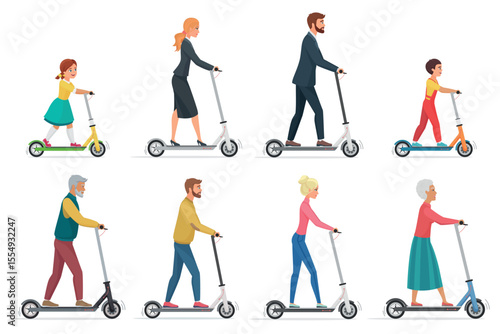 People on electric scooter set flat vector illustration. Male and female cartoon character riding ecologically clean urban vehicle. Family in formal, casual clothes using modern personal transporter