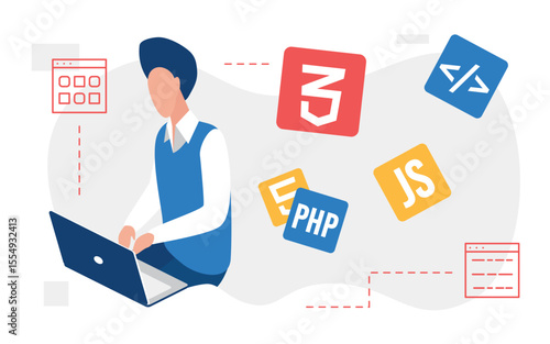 People developer create code, programming web language with icons vector illustration. Cartoon programmer engineer coder man character working, creating website application process isolated on white
