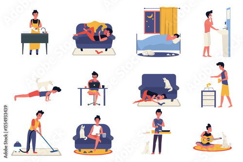 Young man daily routine activity vector illustration. Cartoon active guy character doing everyday sport exercise with dog, dinner cooking, working in home office, sleeping at night isolated on white