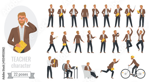 Stylish man teacher poses vector illustration set. Cartoon executive adult male lector character posing in pointing, thinking, speaking on lecture presentation, gestures collection isolated on white