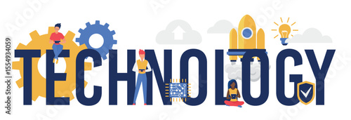 Technology word concept vector illustration. Cartoon flat innovative idea tech symbols, people working on creative task, using electronic tablet devices. Future innovation technology design background