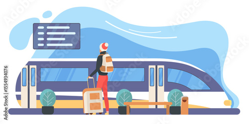Traveler at railway station flat vector illustration. Tourist with backpack at platform near modern train. Backpacker with suitcase looking at departure board. Vacation, trip, journey concept