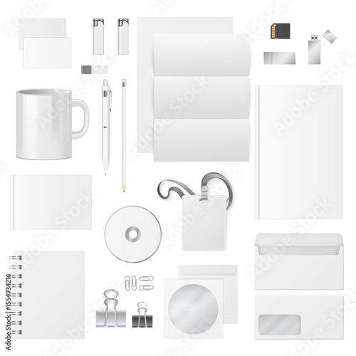 Vector illustration of various white office supplies on white background. Corporate identity